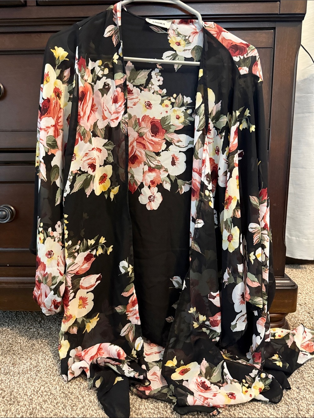 ADORA Black Floral Open-Front Kimono